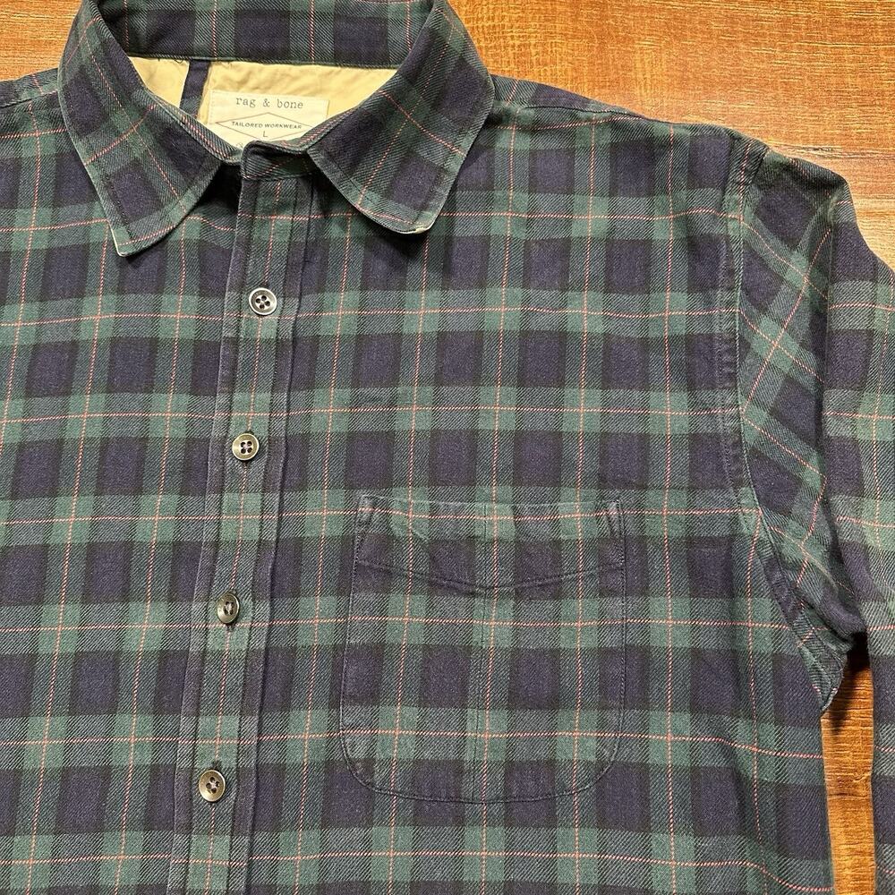 Rag & Bone Workwear Flannel Shirt Mens L Green Tartan Plaid Retro Nature Cotton - Picture 3 of 10